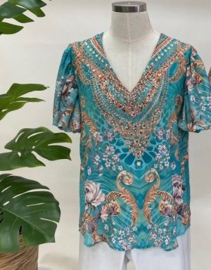 GEMS BY LORRAINE AQUA EMBELLISHED TOP