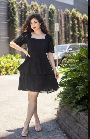 FRIA BLACK BRODERIE ANGLAISE PEPLUM DRESS