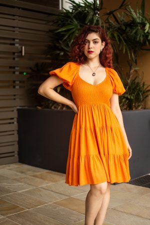 ORANGE KNEE LENGTH VISCOSE & LINEN DRESS