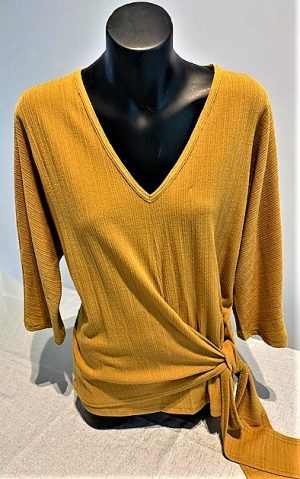 FOUR GIRLZ MUSTARD SELF STRIPE TOP WITH TIE FRONT