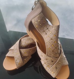 TAUPE & GOLD WEDGE SHOES