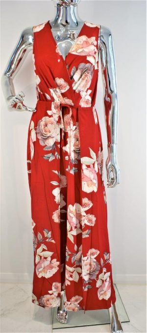 Lorraine Red floral polyester pantsuit