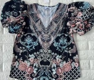 Pretty Black print top with short puffed sleeves from Gems by Lorraine