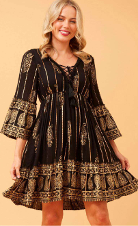 BLACK & GOLD BOHO STYLE DRESS BY CAROLINE MORGAN