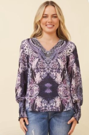 LAVENDER V NECK EMBELLISHED TOP BY CAROLINE MORGAN