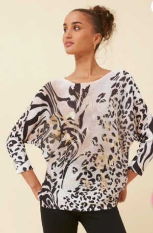 WHITE BEIGE  & BLACK KNITTED TOP  FROM CAROLINE MORGAN
